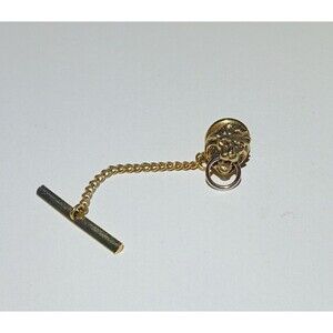 Vintage Swank Gold Tone Lion Head Door Knocker Tie Tack with Safety Chain & Bar